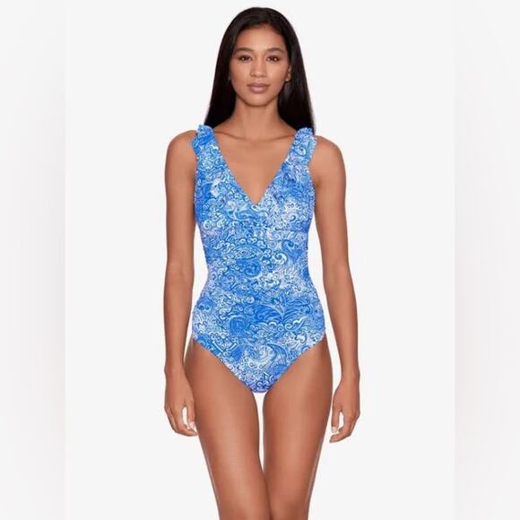 LAUREN RALPH LAUREN Artisanal Woodblock Ruffle Tummy Control One Piece 14 NWT - Picture 1 of 6